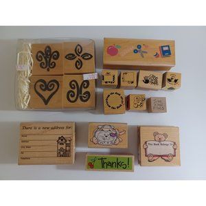 16 Rubber Stamp Lot Dots JRL Fancy Fleurs Cat Fish Teddy Bear New Address School